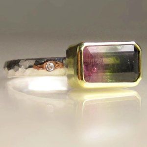 Jill Anish Designer Diamond and Watermelon Tourmaline Ring w/ Hammered Shank